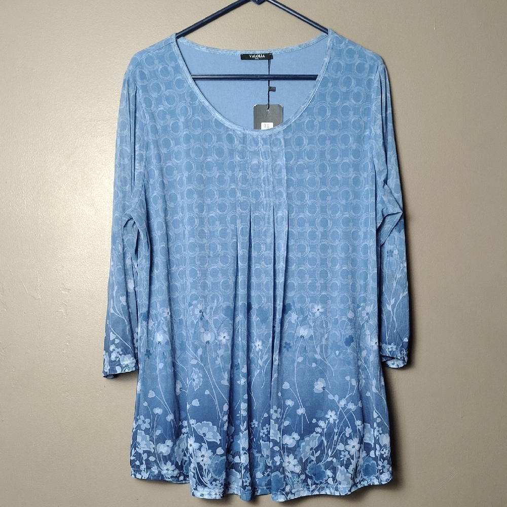 Valolia Blue Flowered Sheer Lined Blouse Size XXL NWT